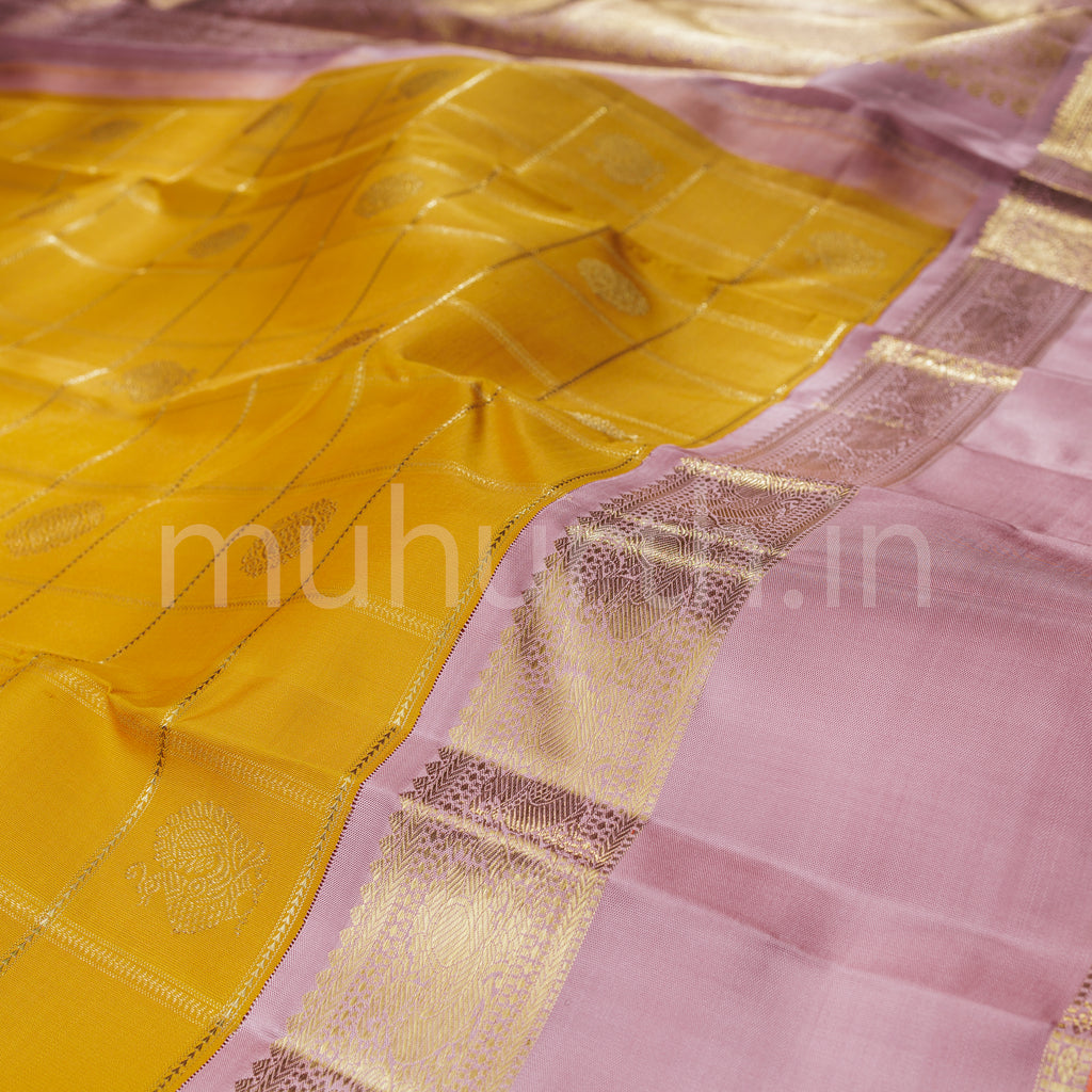Mustard Pure Zari Kanjivaram Silk Saree with Baby Pink
