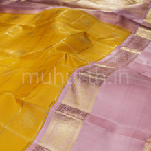 Load image into Gallery viewer, Mustard Pure Zari Kanjivaram Silk Saree with Baby Pink