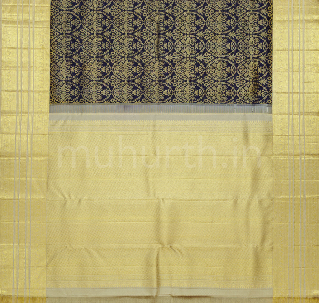 Black Pure Kanjivaram Silk Saree with Tussar White