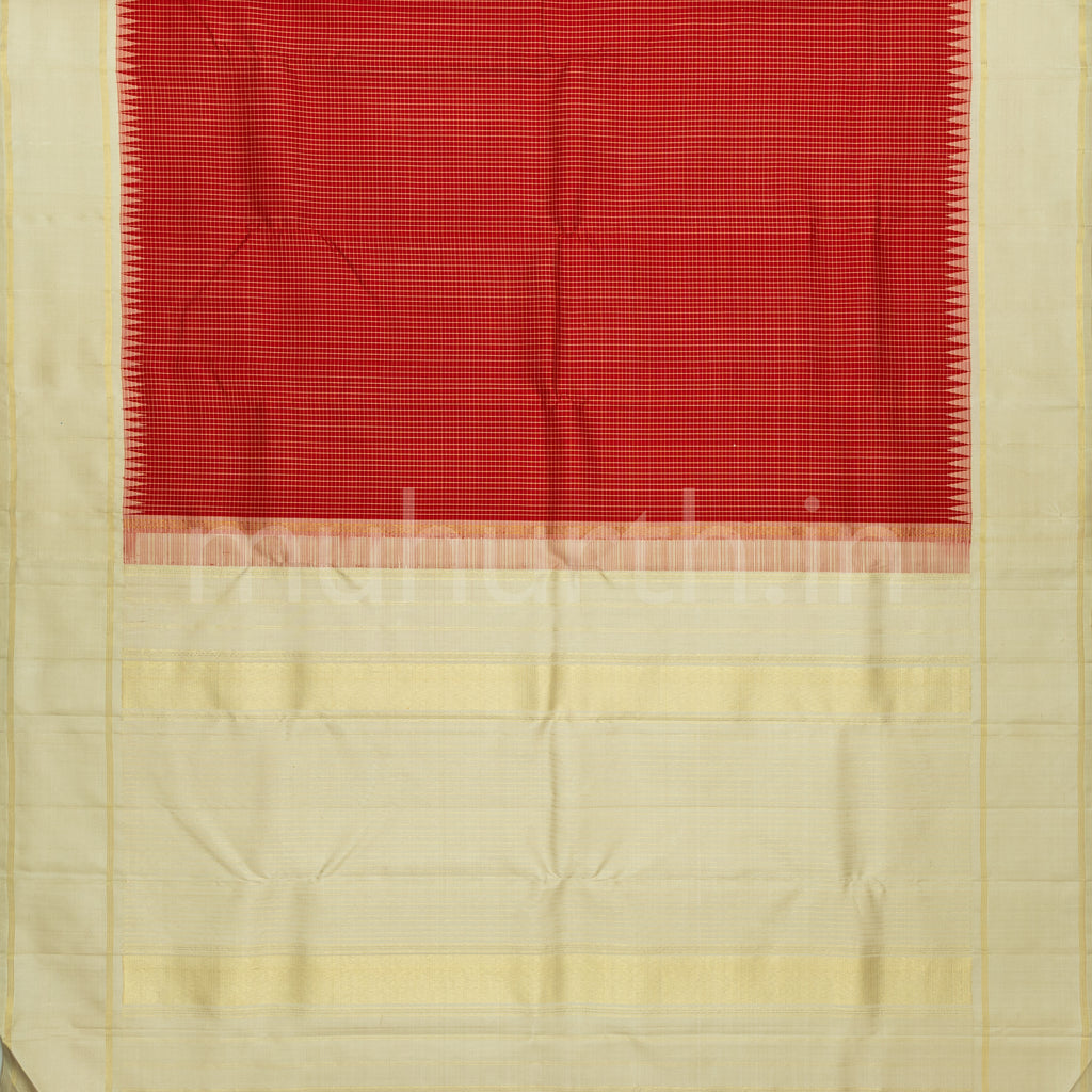 Bright Red Pure Kanjivaram Silk Saree with Tussar White