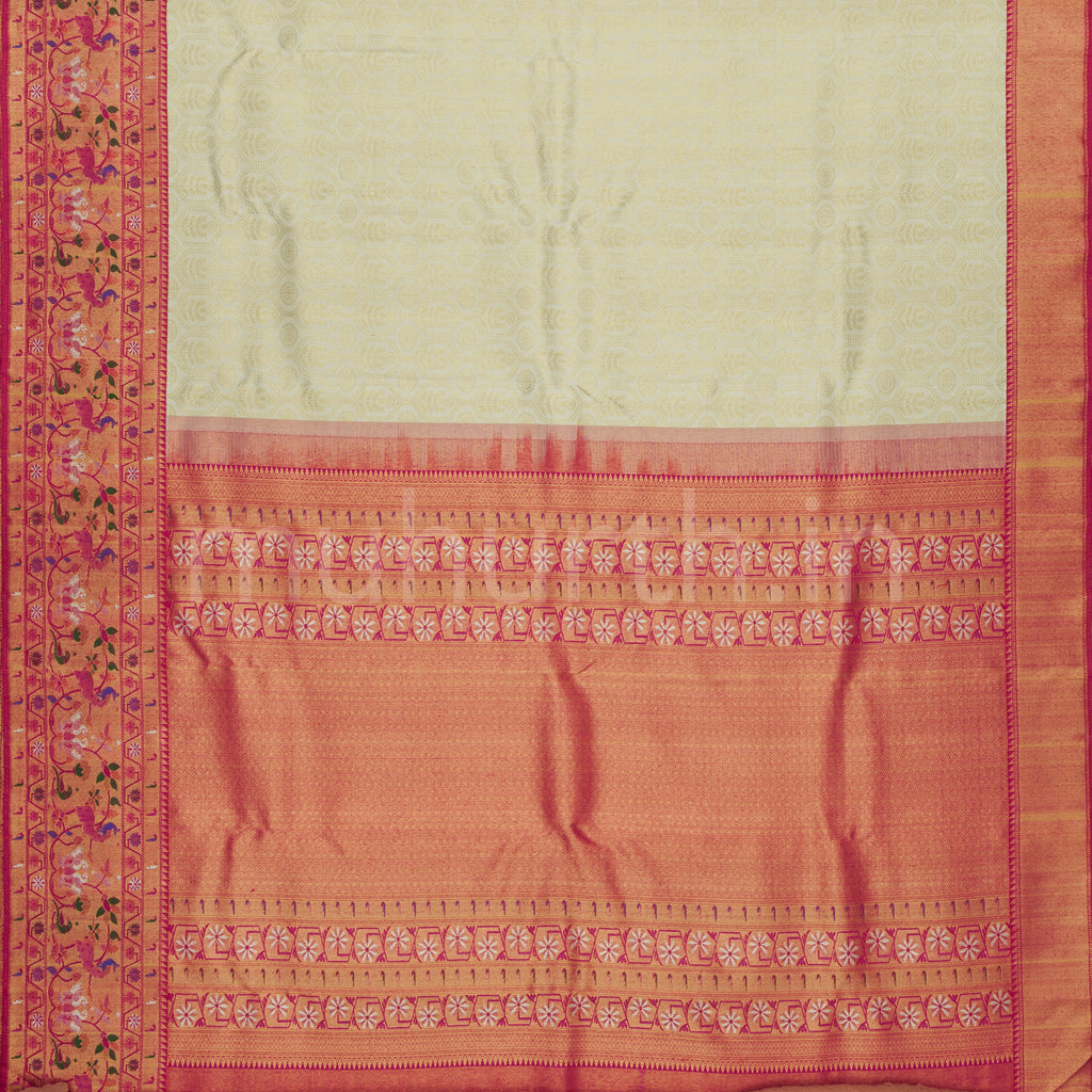 Off- White Pure Kanjivaram Silk Saree with Red Rose