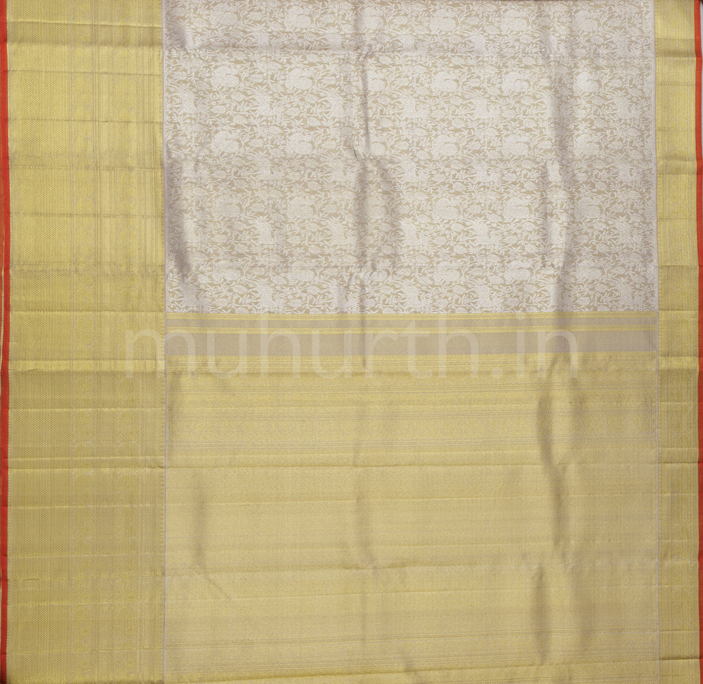 Kakhi Luxury Tissue Kanjivaram Silk Saree with Orange Selvedge