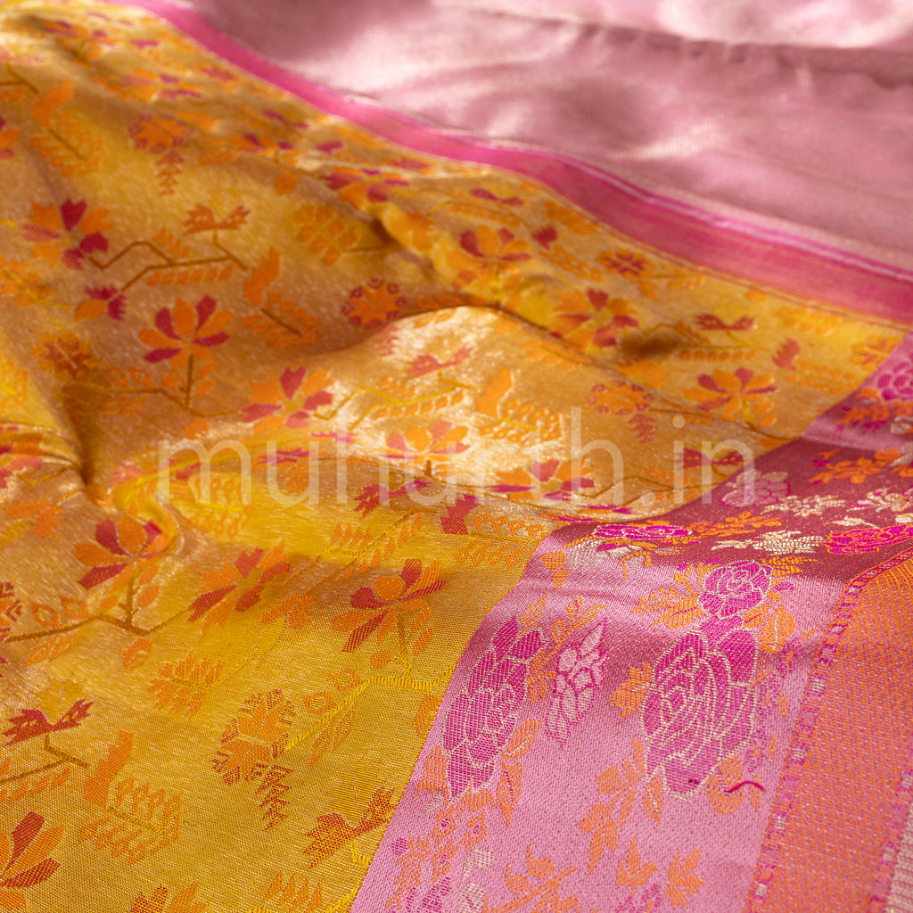 Golden Mustard Kanjivaram Silk Saree with Peach