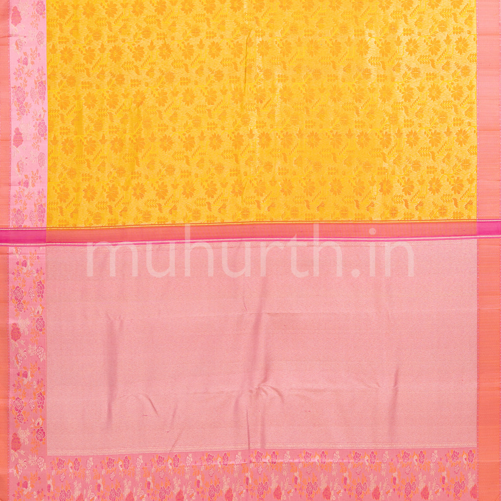 Golden Mustard Kanjivaram Silk Saree with Peach