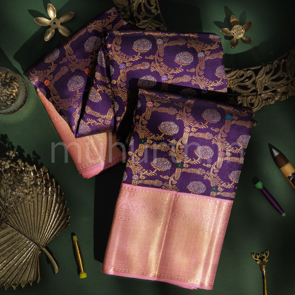 Magenta Pure Kanjivaram Silk Saree with Peach