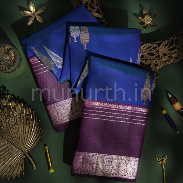 Peacock Blue Pure Kanjivaram Silk Saree with Dark Magenta