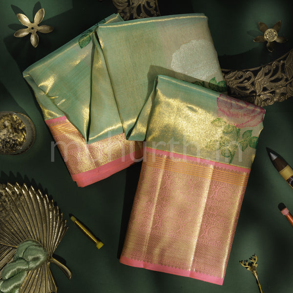 Light Elaichi Organza Pure Kanjivaram Silk Saree with Peach