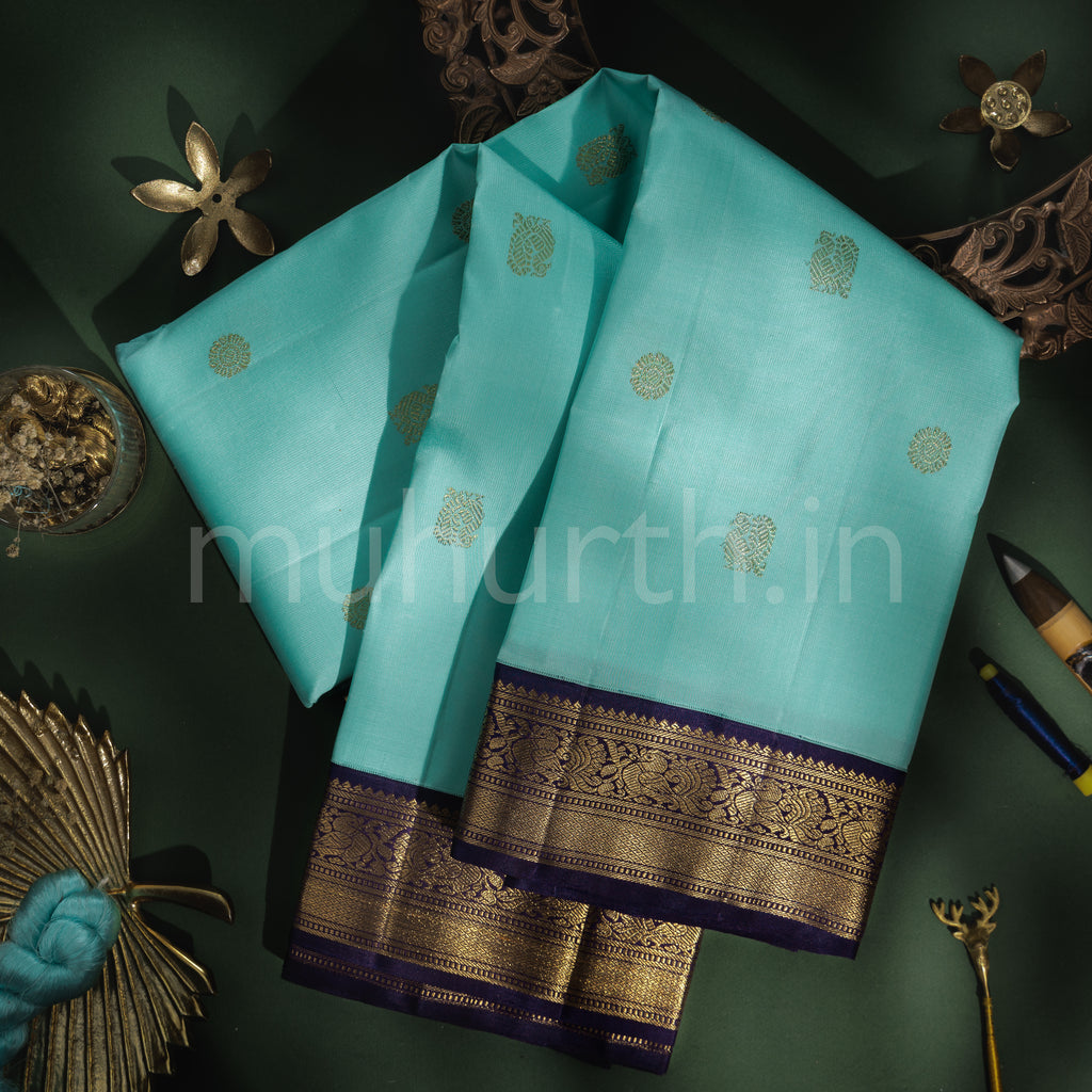 Turquoise Pure Zari Kanjivaram Silk Saree with Vijaya