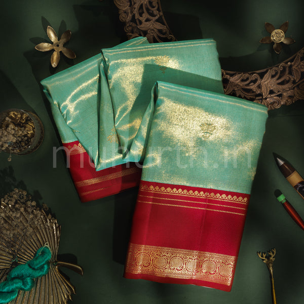 Ananda Blue Organza Tissue Pure Kanjivaram Silk Saree with Maroon