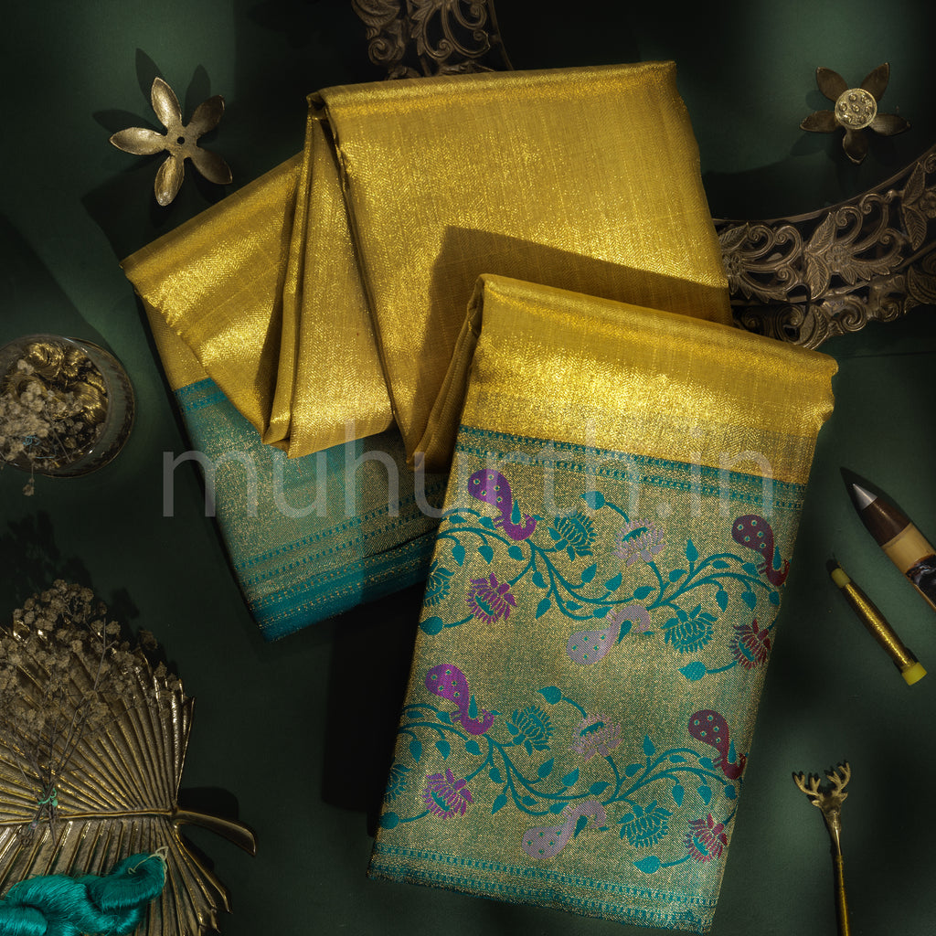 Gold Organza Tissue Pure Kanjivaram Silk Saree with Green