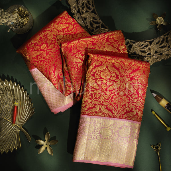 Red Pure Kanjivaram Silk Saree with Peach