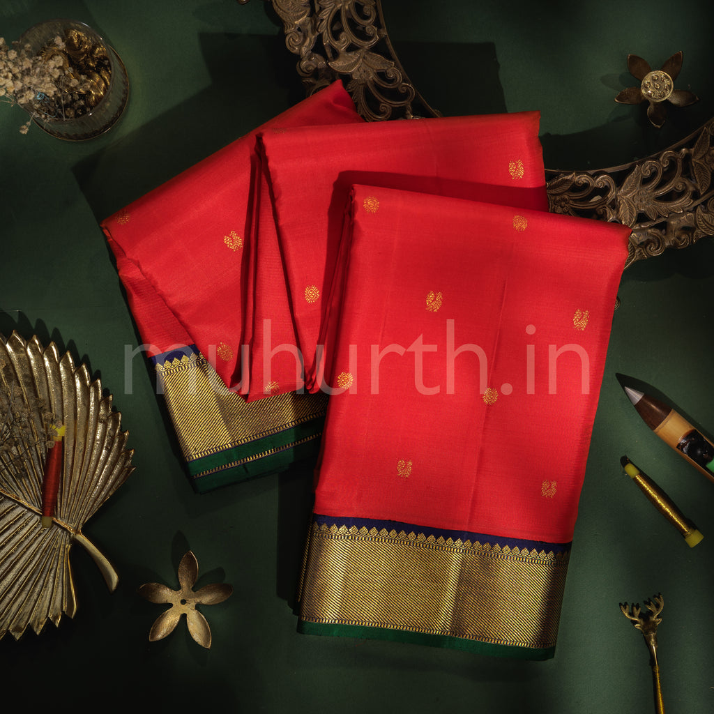 Red Pure Kanjivaram Silk Saree with Vijaya