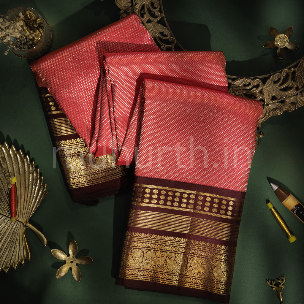 Bright Peach Pure Kanjivaram Silk Saree with Pakku