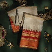 Load image into Gallery viewer, Light Kaki Pure Zari Kanjivaram Silk Saree with Red