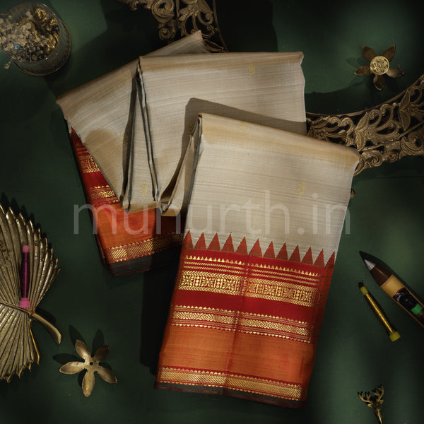 Light Kaki Pure Zari Kanjivaram Silk Saree with Red
