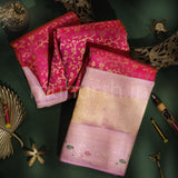 Rose Red Pure Kanjivaram Silk Saree with Pink