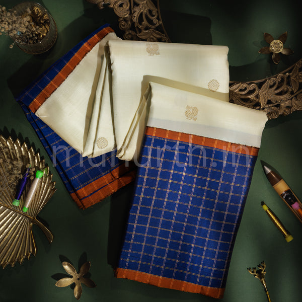 Off-White Pure Zari Kanjivaram Silk Saree with Violet