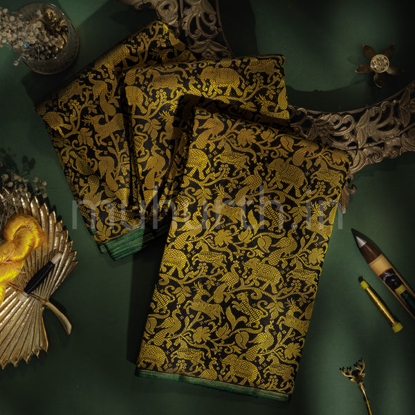 Black Pure Zari Kanjivaram Silk Saree with Green