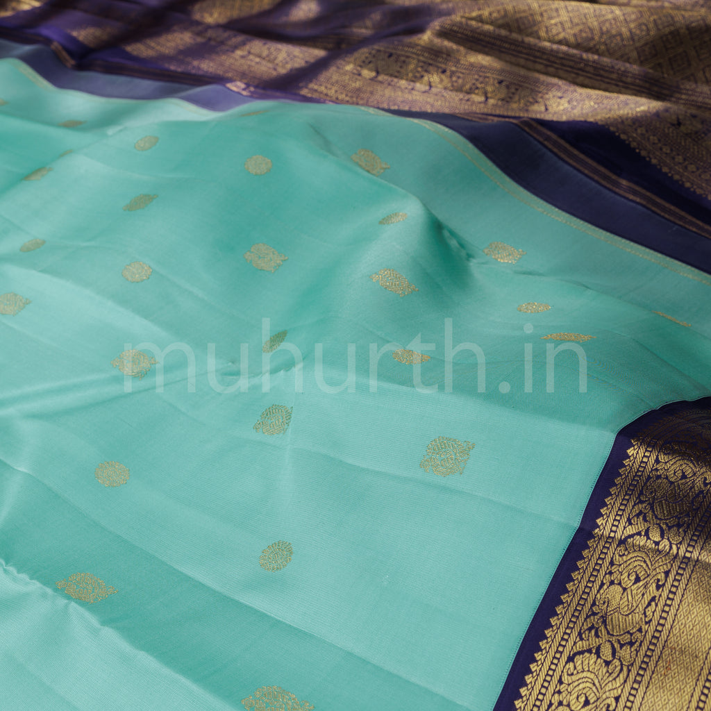 Turquoise Pure Zari Kanjivaram Silk Saree with Vijaya