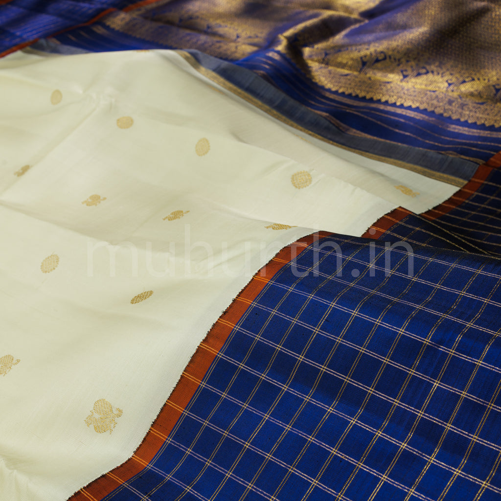 Off-White Pure Zari Kanjivaram Silk Saree with Violet