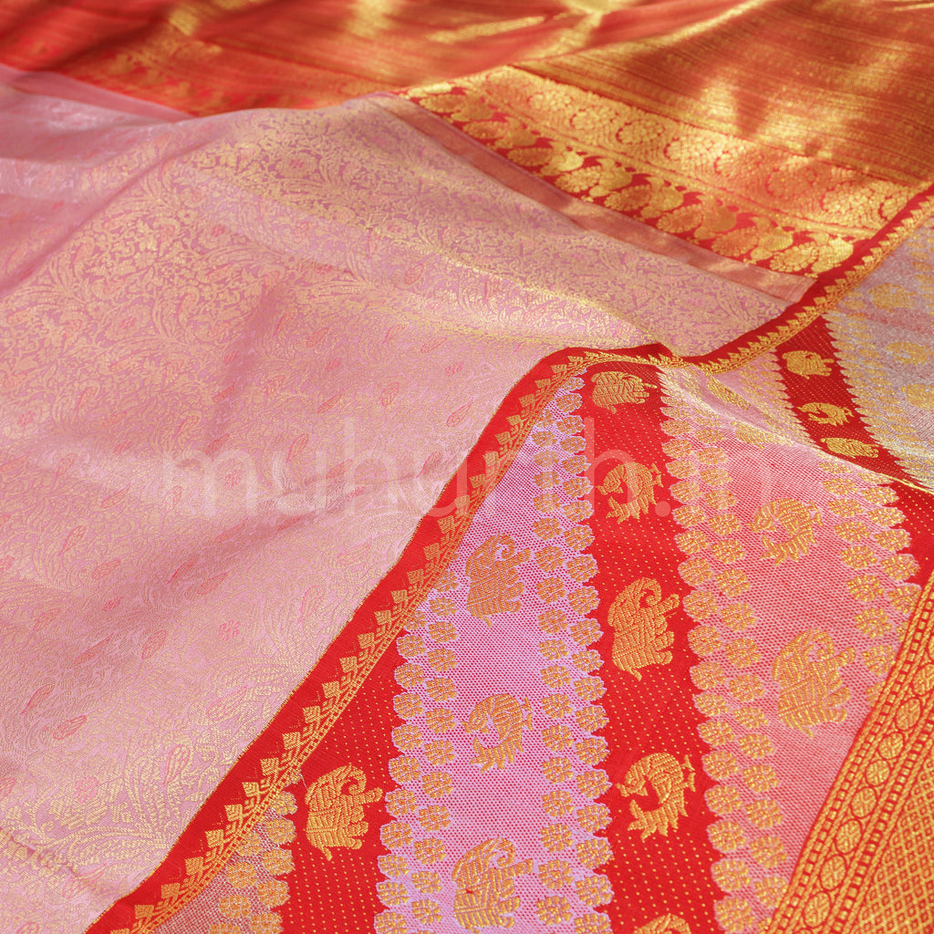 Peach Rangkat Pure Kanjivaram Silk Saree with Red