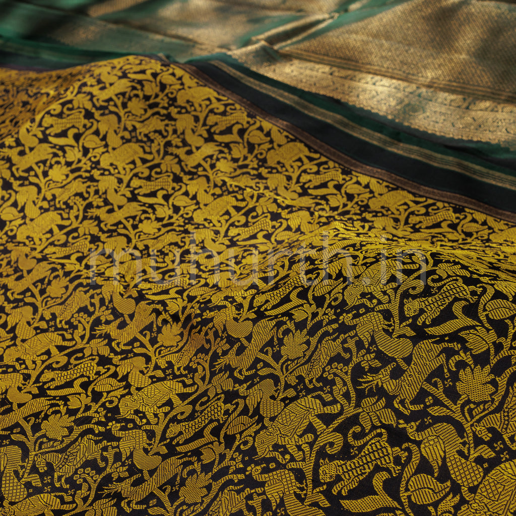 Black Pure Zari Kanjivaram Silk Saree with Green