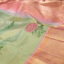 Load image into Gallery viewer, Light Elaichi Organza Pure Kanjivaram Silk Saree with Peach