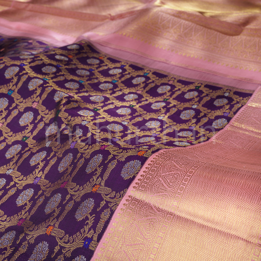 Magenta Pure Kanjivaram Silk Saree with Peach