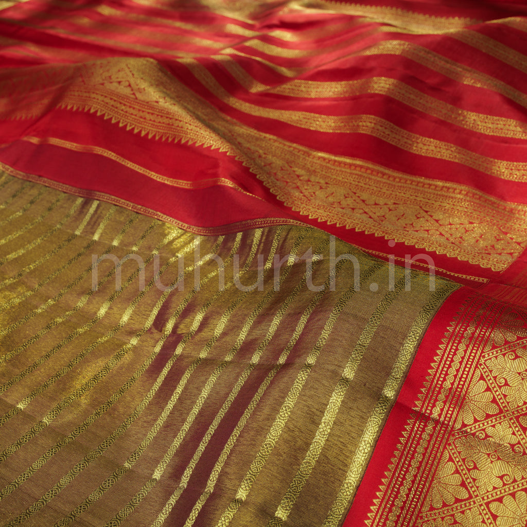 Brown Pure Kanjivaram Silk Sare Red