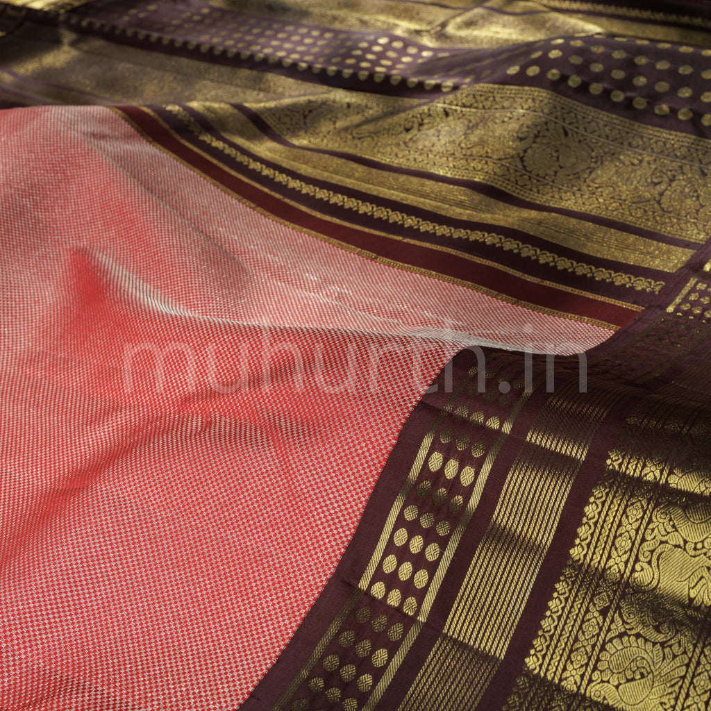 Bright Peach Pure Kanjivaram Silk Saree with Pakku