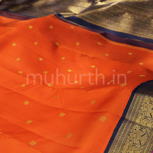 Load image into Gallery viewer, Orange Pure Zari Kanjivaram Silk Saree with Vijaya Blue