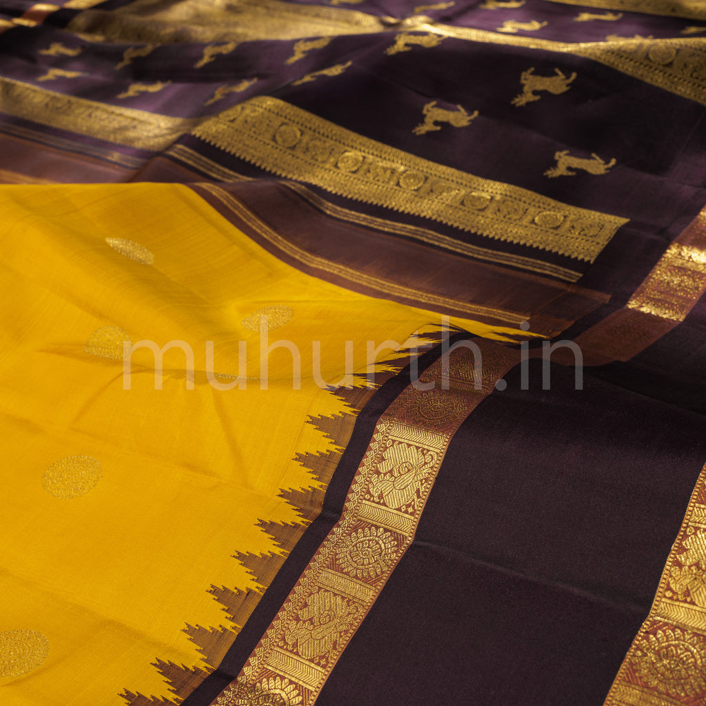 Mustard Pure Zari Kanjivaram Silk Saree with Pakku