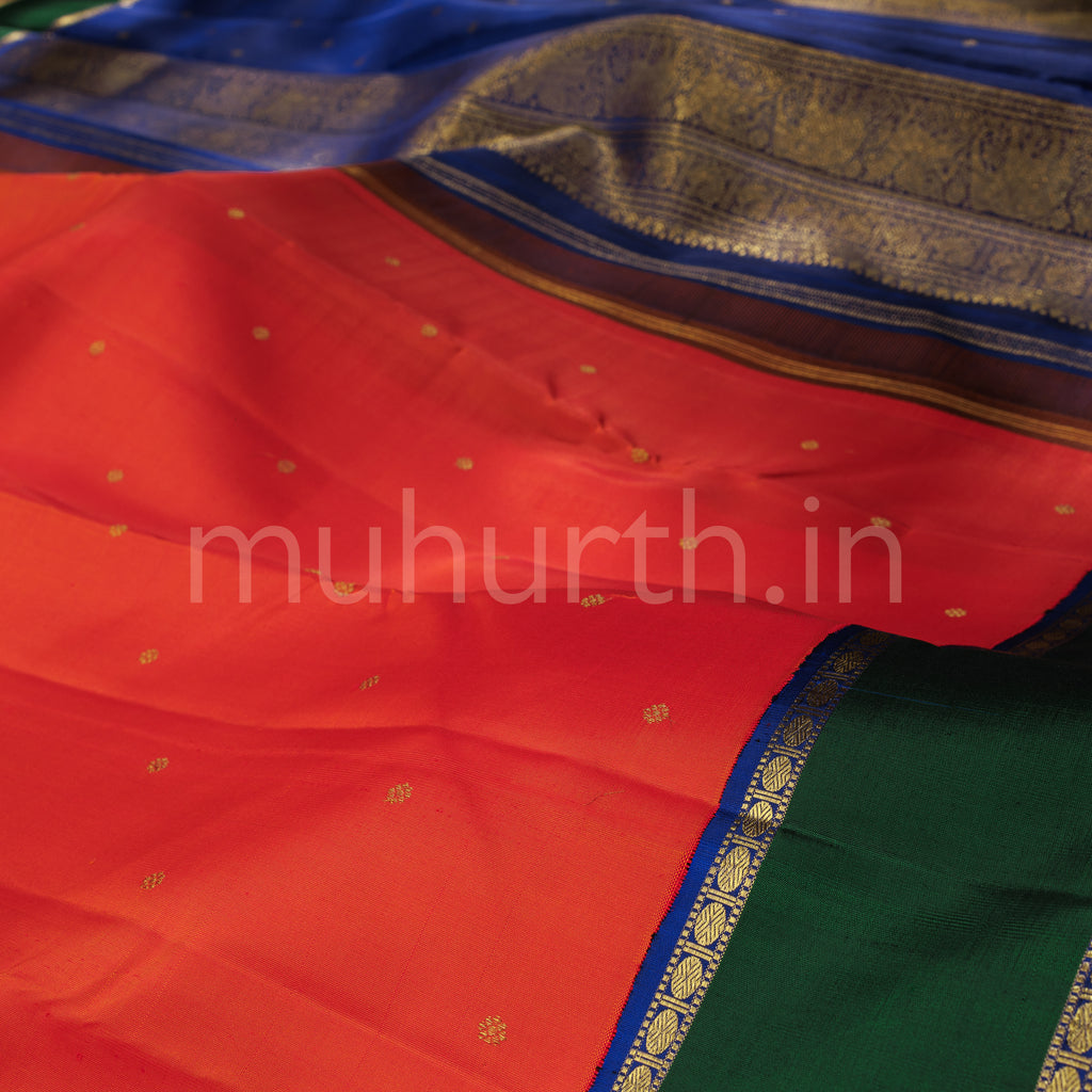 Orange Pure Zari Kanjivaram Silk Saree with Green