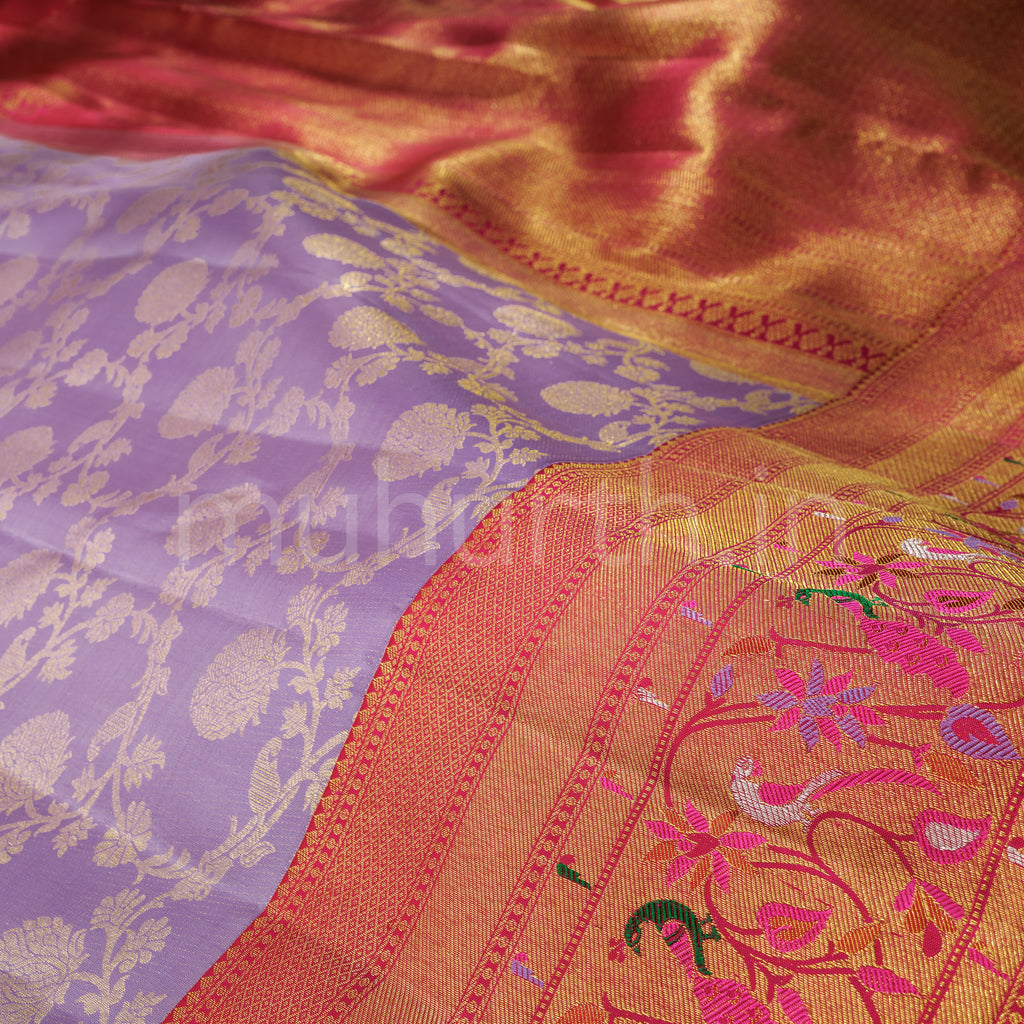 Lavender Pure Kanjivaram Silk Saree with Red