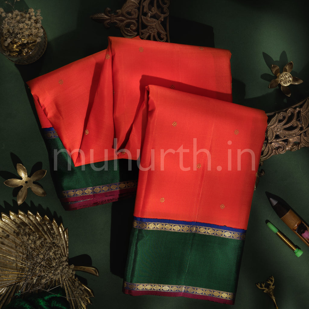 Orange Pure Zari Kanjivaram Silk Saree with Green