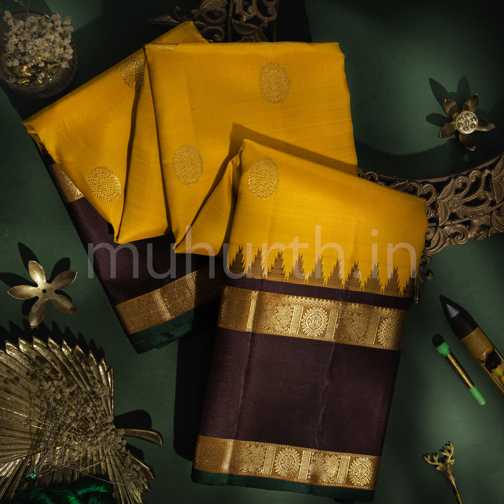 Mustard Pure Zari Kanjivaram Silk Saree with Pakku