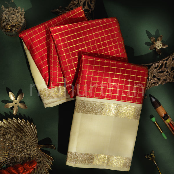 Red Pure Zari Kanjivaram Silk Saree with Cream