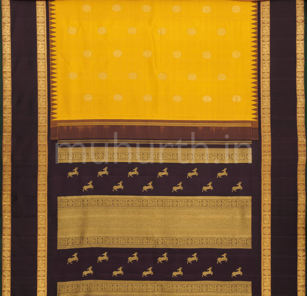 Mustard Pure Zari Kanjivaram Silk Saree with Pakku