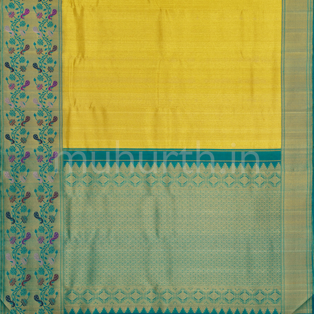 Gold Organza Tissue Pure Kanjivaram Silk Saree with Green