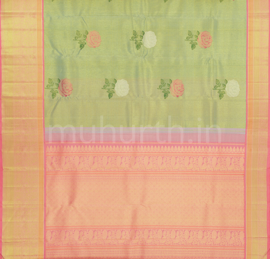 Light Elaichi Organza Pure Kanjivaram Silk Saree with Peach
