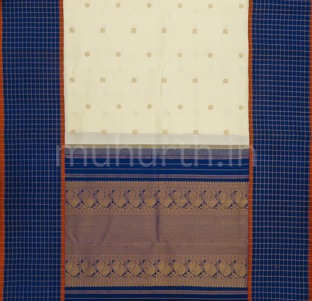 Off-White Pure Zari Kanjivaram Silk Saree with Violet