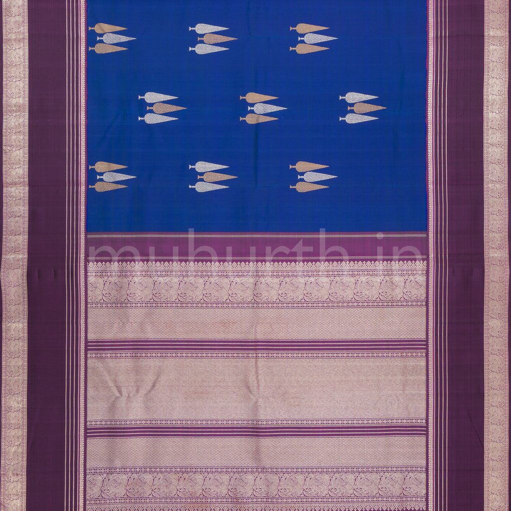 Peacock Blue Pure Kanjivaram Silk Saree with Dark Magenta