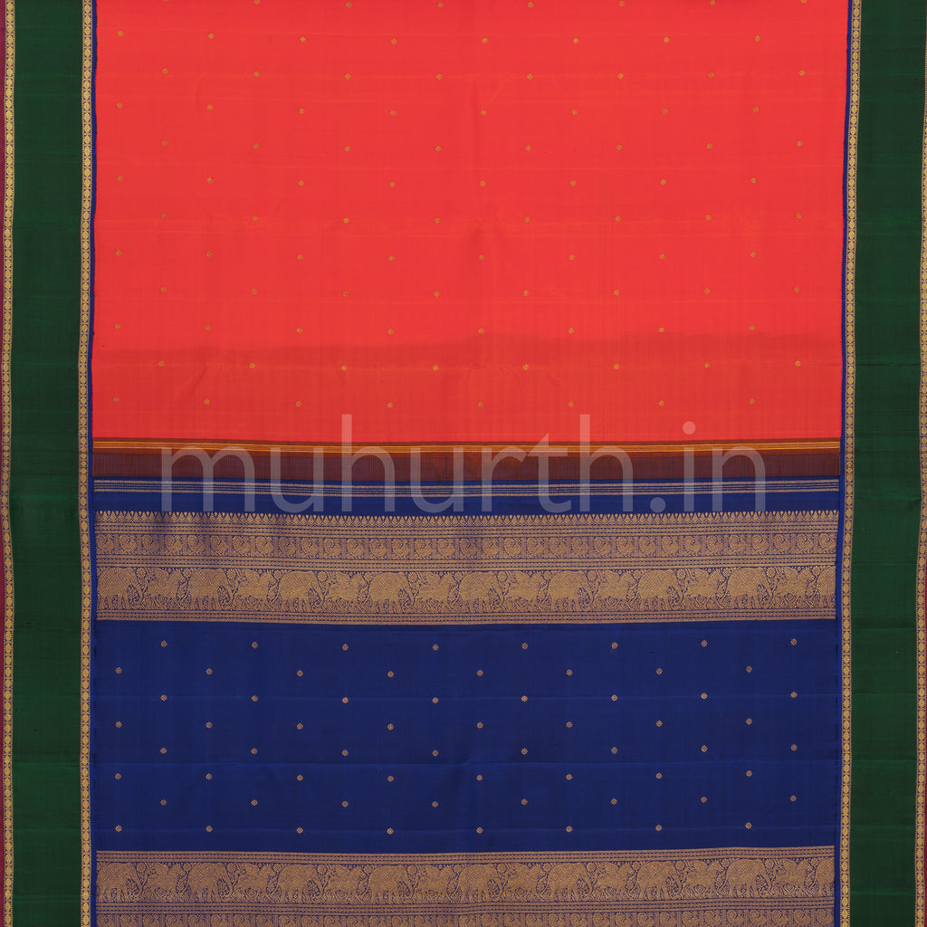 Orange Pure Zari Kanjivaram Silk Saree with Green