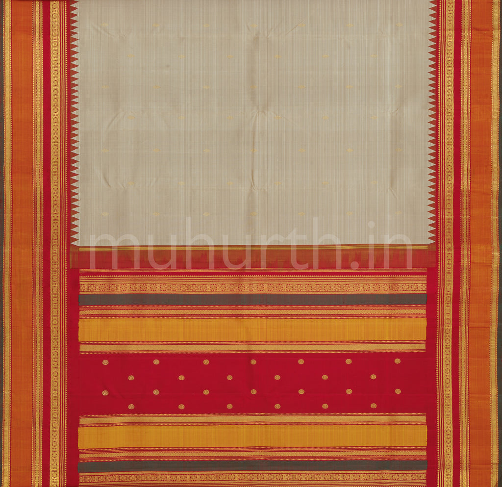 Light Kaki Pure Zari Kanjivaram Silk Saree with Red