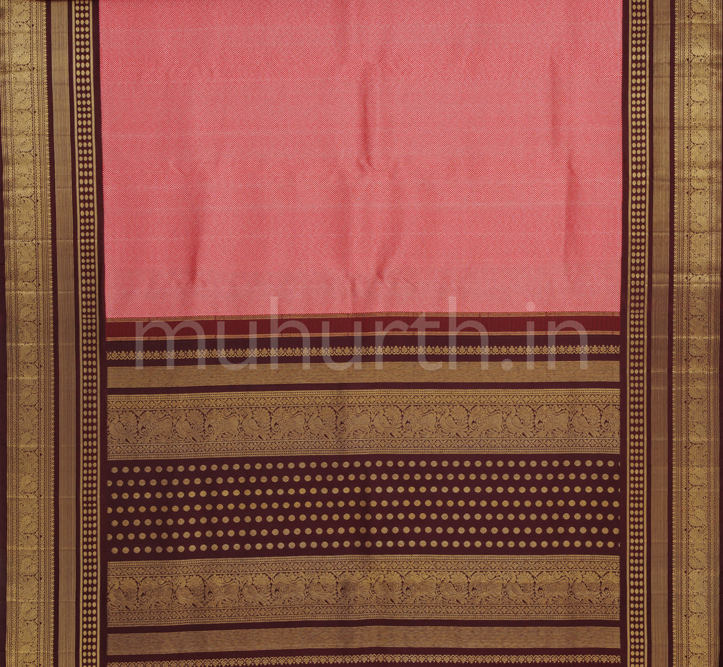 Bright Peach Pure Kanjivaram Silk Saree with Pakku