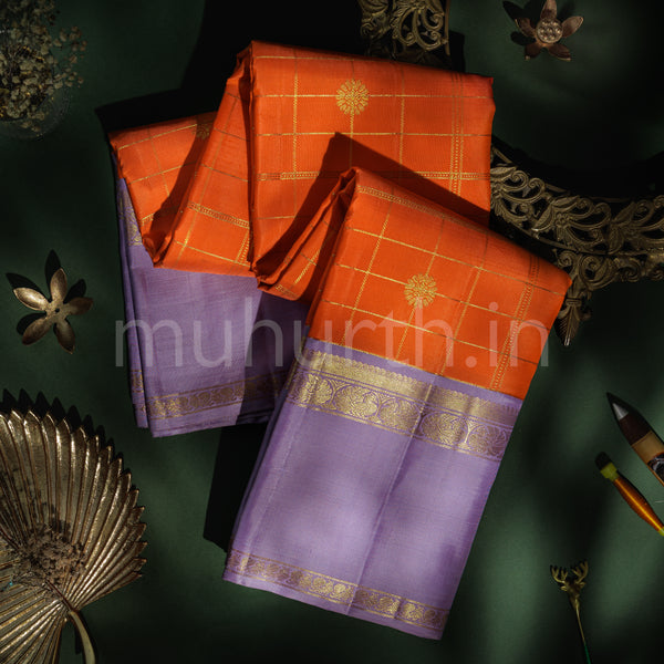 Orange Pure Kanjivaram Silk Saree with Lavender