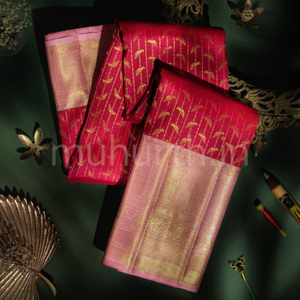 Rose Red Pure Kanjivaram Silk Saree with Peach