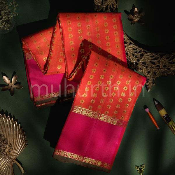 Orange Pure Zari Kanjivaram Silk Saree with Rose