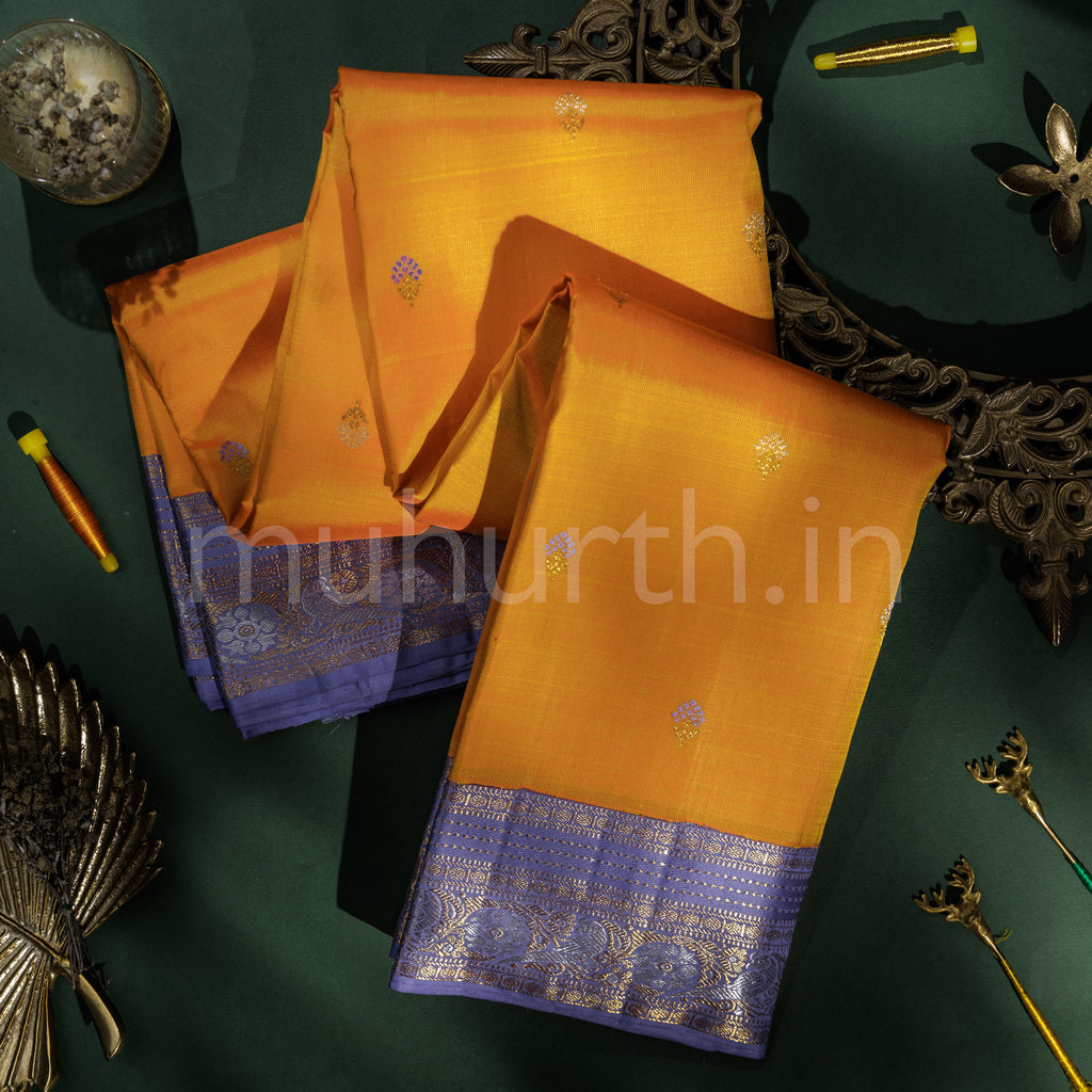 Mango Yellow Pure Kanjivaram Silk Saree with Lavender