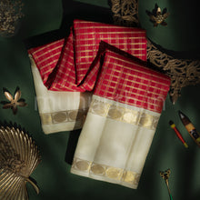 Load image into Gallery viewer, Red Veldhari Pure Zari Kanjivaram Silk Saree Off-White